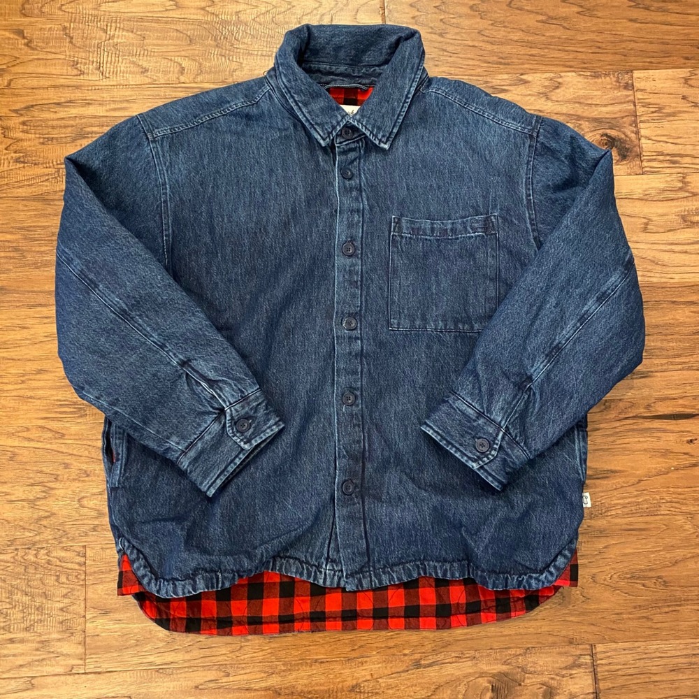 Woolrich Denim Shirt Jacket Mens Large Blue Red Buffalo Plaid Quilted Lined